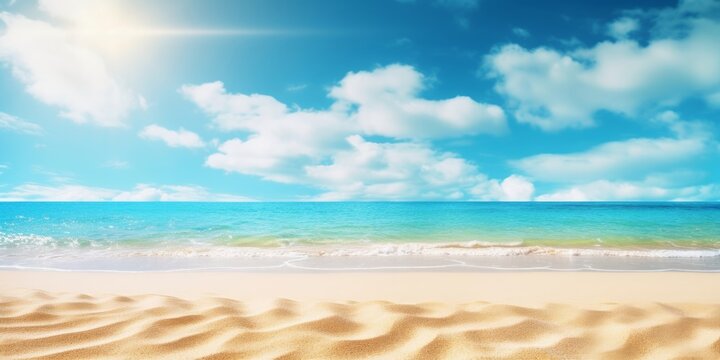 Abstract blur defocused background. Tropical summer beach with golden sand, turquoise ocean and blue sky with white clouds on bright sunny day. Colorful landscape for summer, Generative AI
