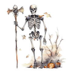 Spooky Skeleton Halloween Party, Isolated PNG, Watercolor Hand Painted Illustration, Transparent Background, Generative AI