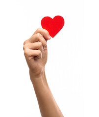 Obraz premium charity, love and health concept - close up of hand holding red paper heart over white background