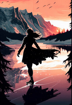 Silhouette of a young girl on the shore of a beautiful mountain landscape and lake, watercolor style. AI Generated