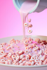 Crunchy breakfast cereal sprinkled with milk in motion. Milk is poured into a group of Crispy Crunchy Breakfast cereal rings in different pastel colors. 3d render illustration style.