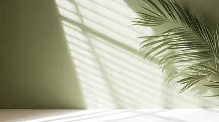 Minimal abstract light olive  background for product presentation. Shadow of tropical leaves from window on wall, Generative AI