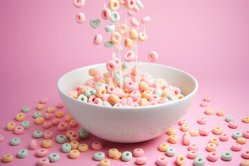 Fototapeta na wymiar Crunchy breakfast cereal sprinkled with milk in motion. Milk is poured into a group of Crispy Crunchy Breakfast cereal rings in different pastel colors. 3d render illustration style.