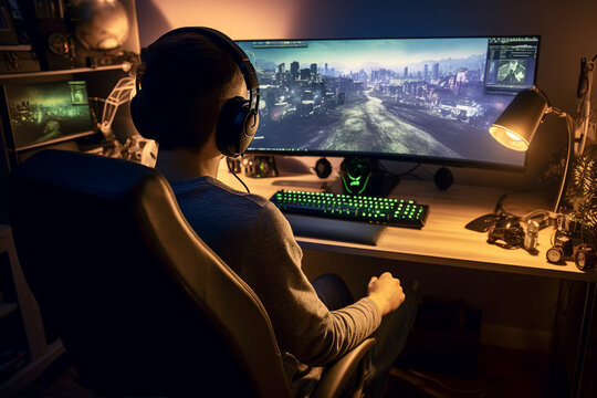 Generative ai photo collage of professional person gamer playing using computer winning cyber championship