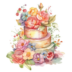 Birthday Cake with Flowers, Isolated PNG, Invitation Card Graphic, Watercolor Hand Painted Illustration, Transparent Background, Generative AI