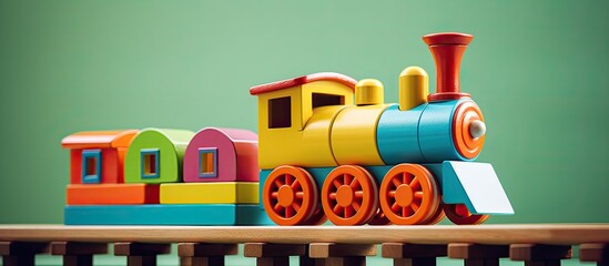 Wooden toy train with colorful blocks on a green backdrop.