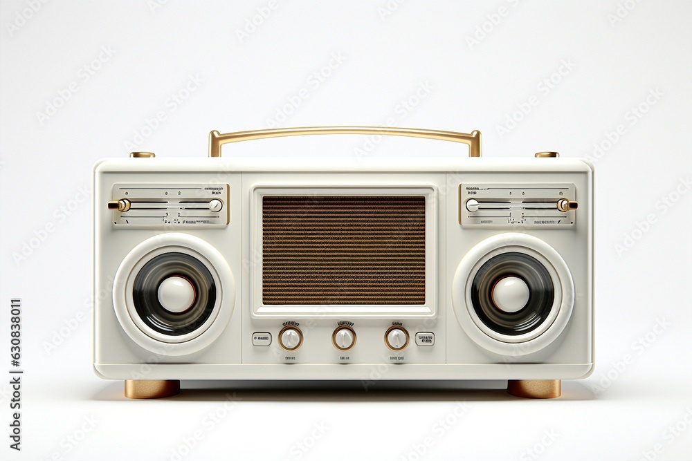 Poster white retro tape recorder isolated on white background.