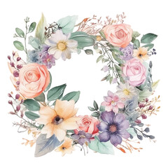 Colorful Flower Wreath, Isolated PNG, Invitation Card Graphic, Watercolor Hand Painted Illustration, Transparent Background, Generative AI