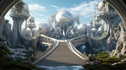 Surrealistic building with a floating staircase, defying traditional design. © KerXing