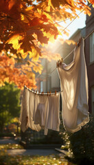 Woolen laundry hanging to dry in the yard in the autumn season. Generative AI illustrations