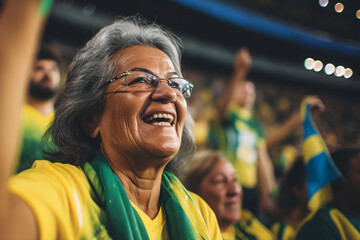 Fãs brasileiras de futebol em um estádio da Copa do Mundo apoiando a seleção nacional
