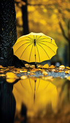 Tiny colorful umbrella by a puddle in the autumn season. Generative AI illustrations
