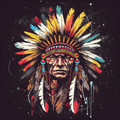 Obraz premium Native American portrayal of a tribal chief wearing a colorful headdress with a black background, generative ai.
