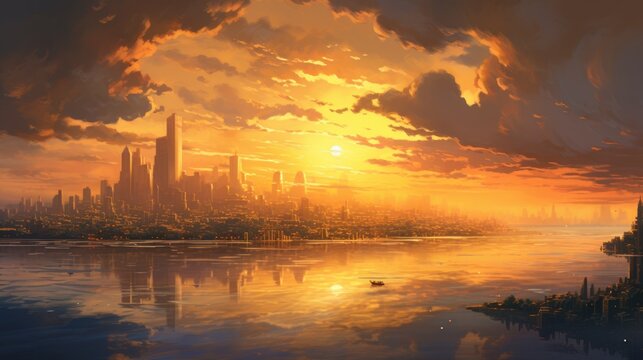 Skyline illuminated with a golden hue as the sun sets in a harmonious display.