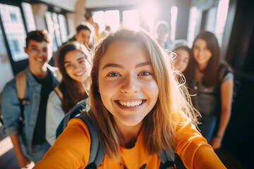 Generative ai collage of group school classmates making selfie in classroom