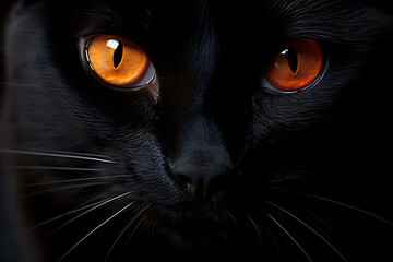 Black cat with yellow orange eyes closeup, looking at you, head portrait. Generative AI