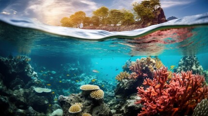 Underwater view of a coral reef with a small island in the distance