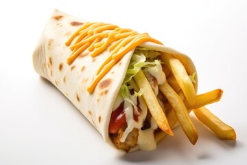 Tortilla wrap served with french fries and melted cheese
