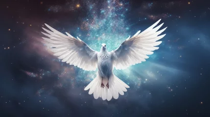 Fotobehang Majestic white dove gracefully soaring through a starry sky © KerXing