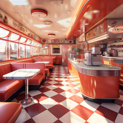 Old Fashioned 1950s diner, retro with vintage booths and counter. Nostalgia for the old days of the...