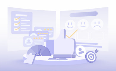 Customer review and suggestions concept. Positive and negative experience on feedback. Brand loyalty elements, comments, star rating, tick emoticon icons. Flat vector design illustration.