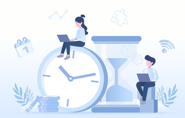 Time management concept. Business people engaged in effective work time management, planning, and financial investment to profitability. Flat vector design illustration.
