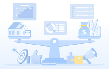 Obraz premium Business ideas concept. Variety elements of weight scale balance, compare property investment, strategy management, tactical benchmark, statistic report. Flat vector design illustration.