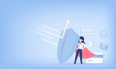 Protector standing with shield reflecting arrow. Protect personal information, password, finance and other sensitive data. Flat vector design illustration with copy space.