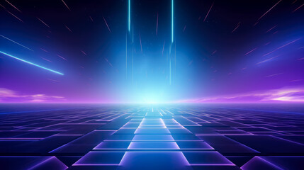 Retro Syntwave background with blue and purple colors, in the style of futuristic settings, neon and fluorescent light, flattened perspective, glowing lights, geomeric shapes.
