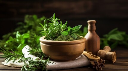 Mortar bowl filled with herbs next to a bottle of essential oils
