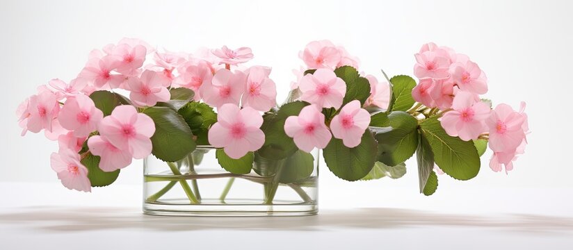 A close-up image of pink primroses in a transparent glass vase on a white background, representing spring. The background is festive, with selective focus and copy space available.