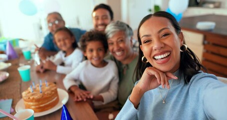 Selfie, birthday cake and children, family or parents for online celebration, memory and social media live streaming. Face of mother, grandparents and kids party, dessert and holiday on video call - Powered by Adobe