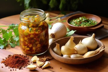Spice with garlic pickles in a glass jar