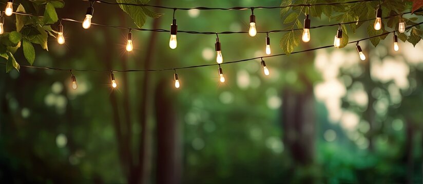 The backyard is adorned with party string lights hanging on a green bokeh background, providing a festive atmosphere. ample space for a message or text.