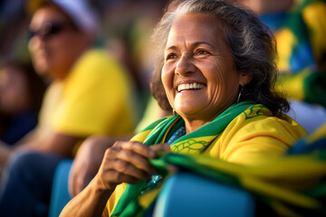Fãs brasileiras de futebol em um estádio da Copa do Mundo apoiando a seleção nacional
