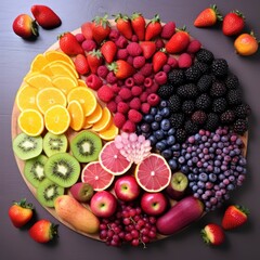 Photo top view of colorful fresh fruits rainbow