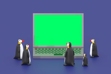 Penguins around a laptop with a chrome key. 3d illustration. Banner for an article about open source free software.