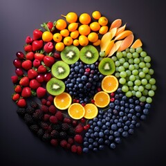 Naklejka na ściany i meble Photo top view of colorful fresh fruits rainbow
