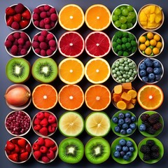 Photo lay flat overhead view of lots of colorful fruits