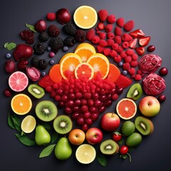 Photo top view of colorful fresh fruits rainbow
