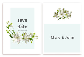 Flowers. Wedding invitation. Floral background. White lilies. Bouquet. Invitation. Card. Green leaves.