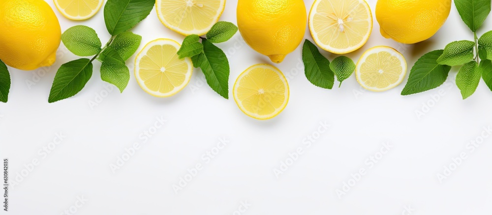 Poster the picture shows a top view of fresh organic yellow lemon lime fruit with a sliced fruit and green 