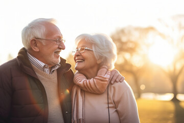 Love has no age: an elderly couple in love enjoying a walk at sunset on Valentine's Day, copy space