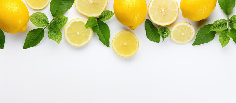 The picture shows a top view of fresh organic yellow lemon lime fruit with a sliced fruit and green leaves on a white background. is a flat lay with copy space for text.