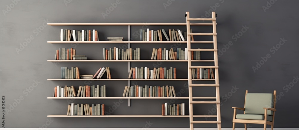 Poster a contemporary book rack or bookshelves with a library ladder for accessing books, set against a gre
