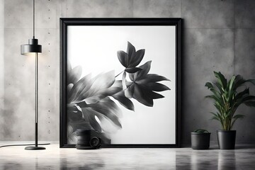 Poster with Black Frame, canvas Mockup standing near concrete wall on the floor.