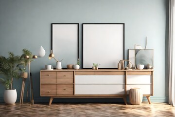 Single poster frame on an interior room dresser with decorative accessories on it	