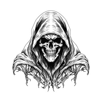 recommend clip art: Intricate Reaper Skull Design: Hand Drawn Black & White Outline - Perfect for Doodle Art & Vector Projects
