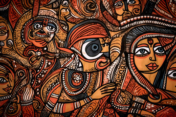 Frau auf der Jagd. Indischer Madhubani-Stil