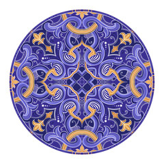 Azulejos - Portuguese round blue watercolor pattern. Traditional tribal ornament. Capri Maiolica. Delft Blue and White